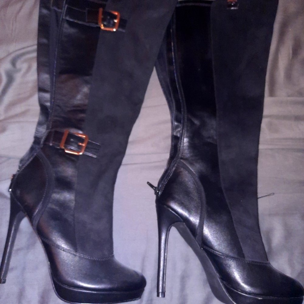 Black leather and suade knee high stiletto boots